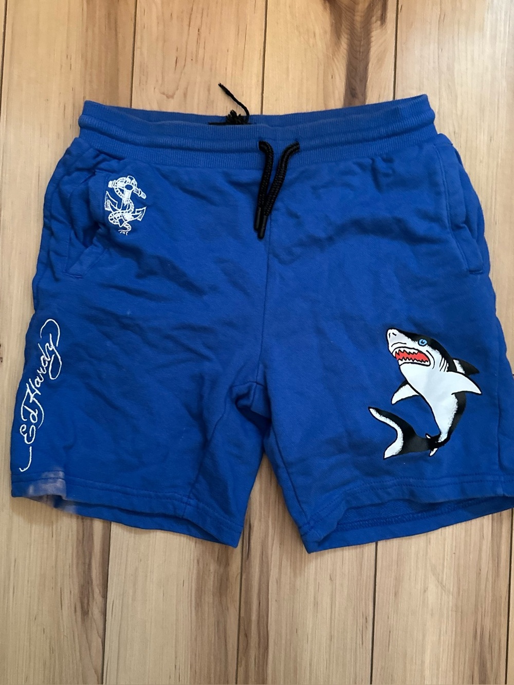 Ed Hardy Blue Shark Graphic Athletic Shorts